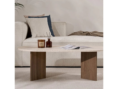 Table Basse Japandi Ovale Bois et Travertin Beige - Sam