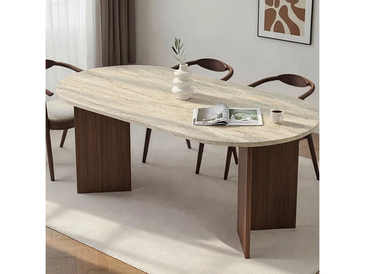 Table Ovale Japandi Bois Effet Travertin - Sam