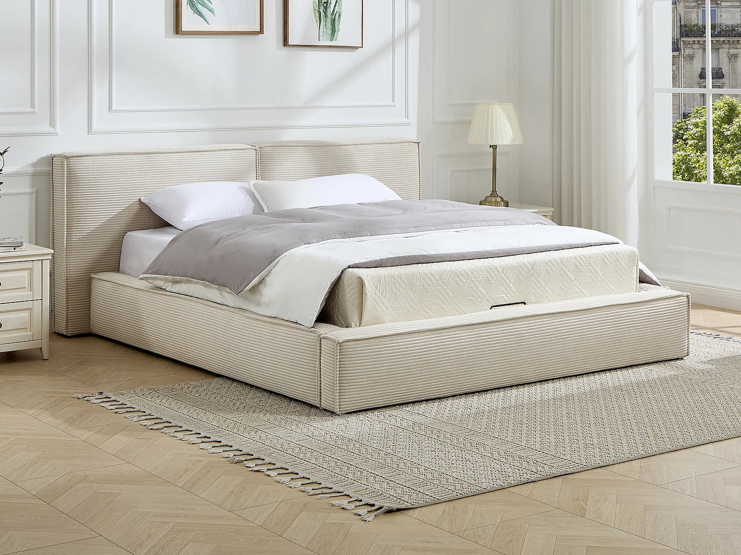 Lit Coffre Japandi Velours Côtelé Beige - Taveso