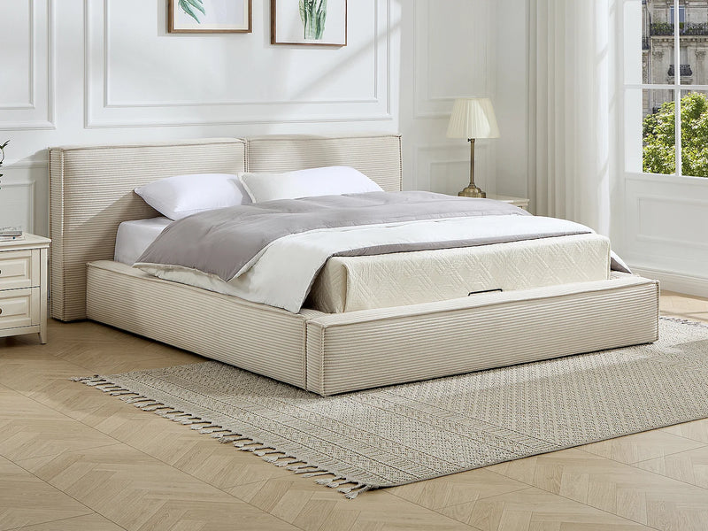Lit Coffre Japandi Velours Côtelé Beige - Taveso