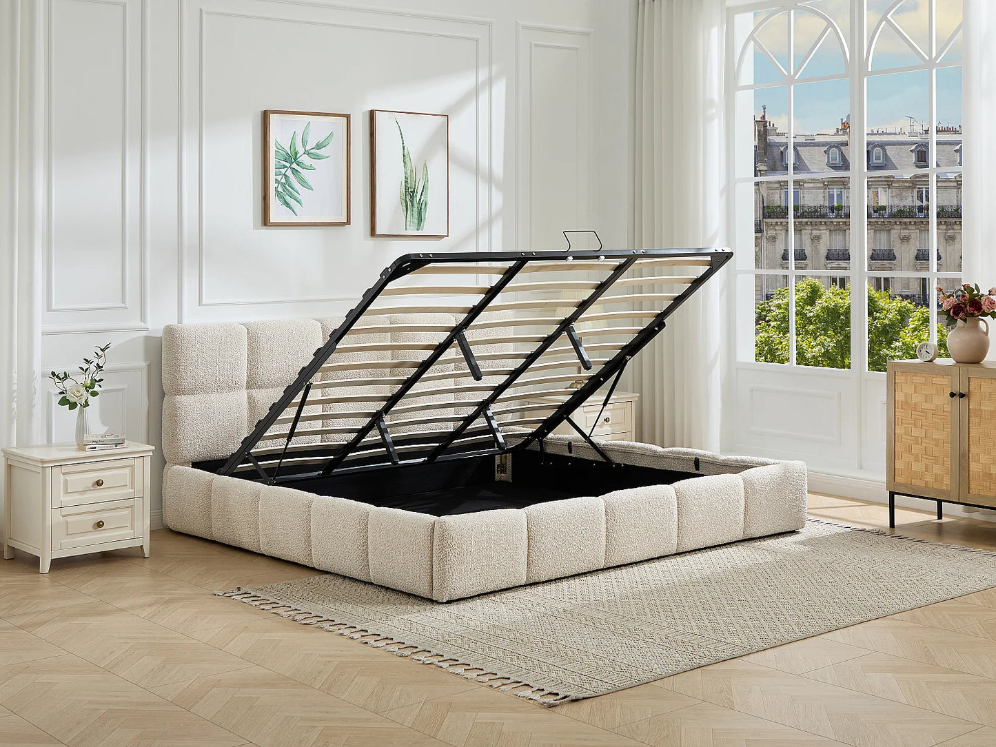 Lit Coffre Japandi Tissu Bouclette Beige - Diludo