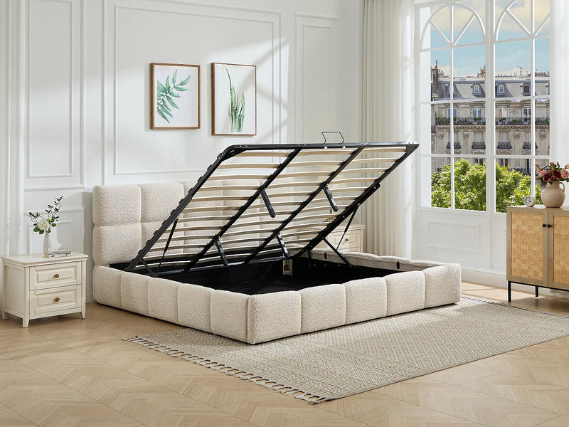 Lit Coffre Japandi Tissu Bouclette Beige - Diludo