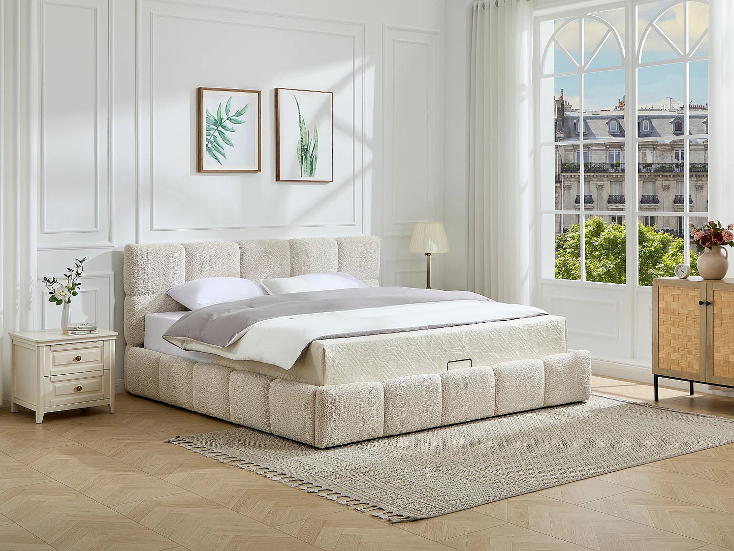 Lit Coffre Japandi Tissu Bouclette Beige - Diludo