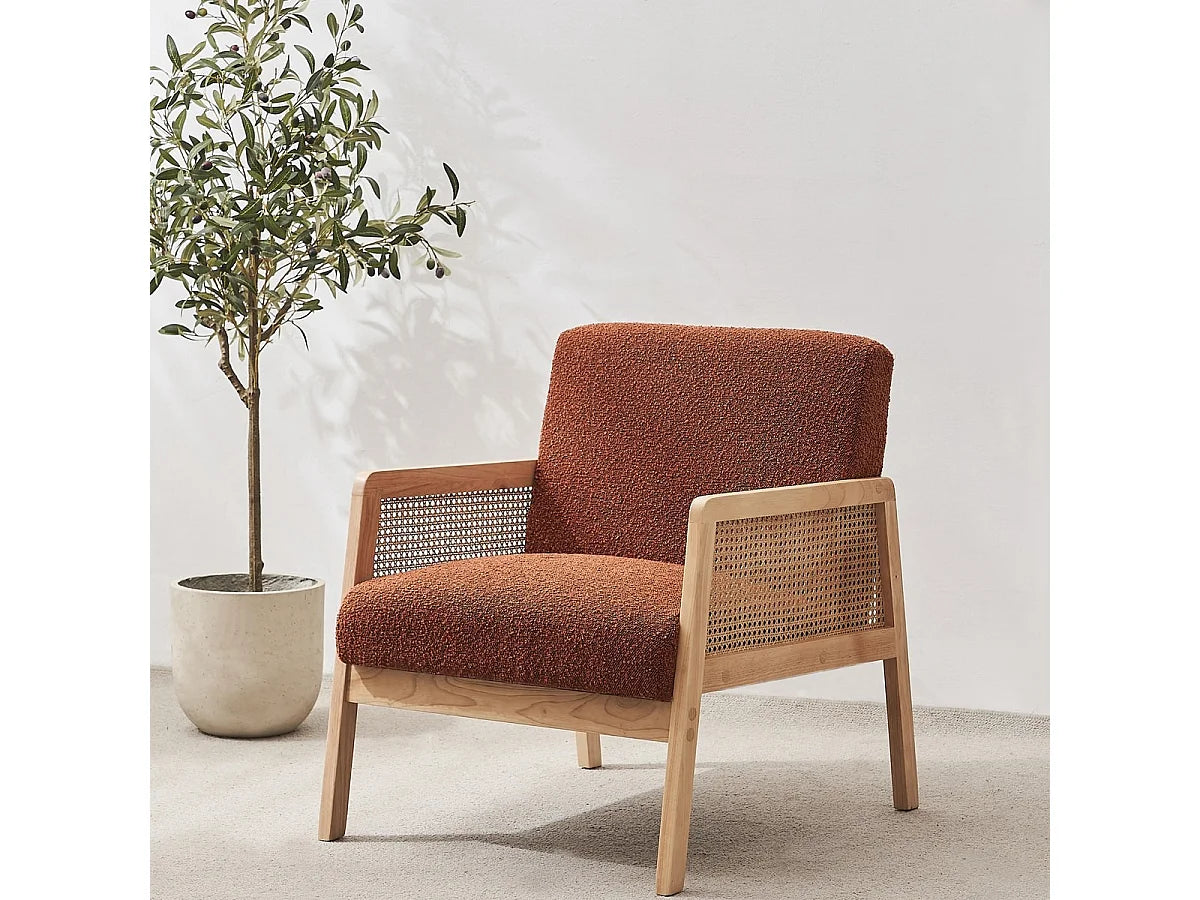 Fauteuil Japandi Cannage Et Bouclette Rouille - Mani