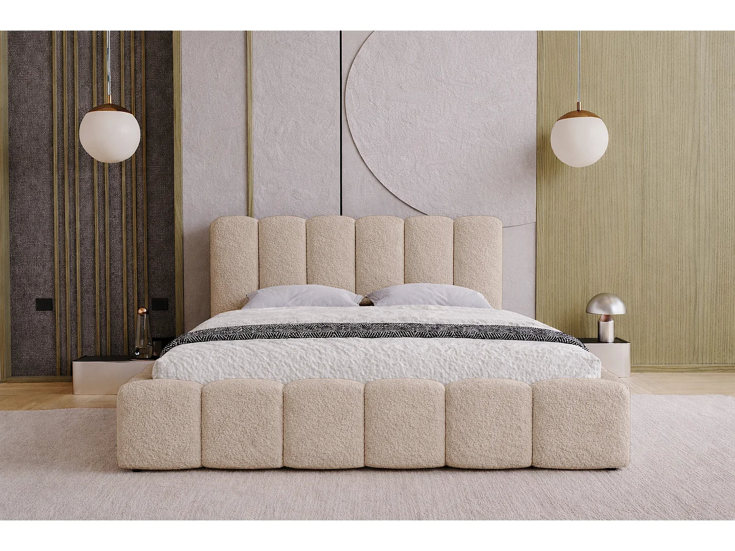 Lit Adulte Japandi Boucle Beige Rangement - Florent
