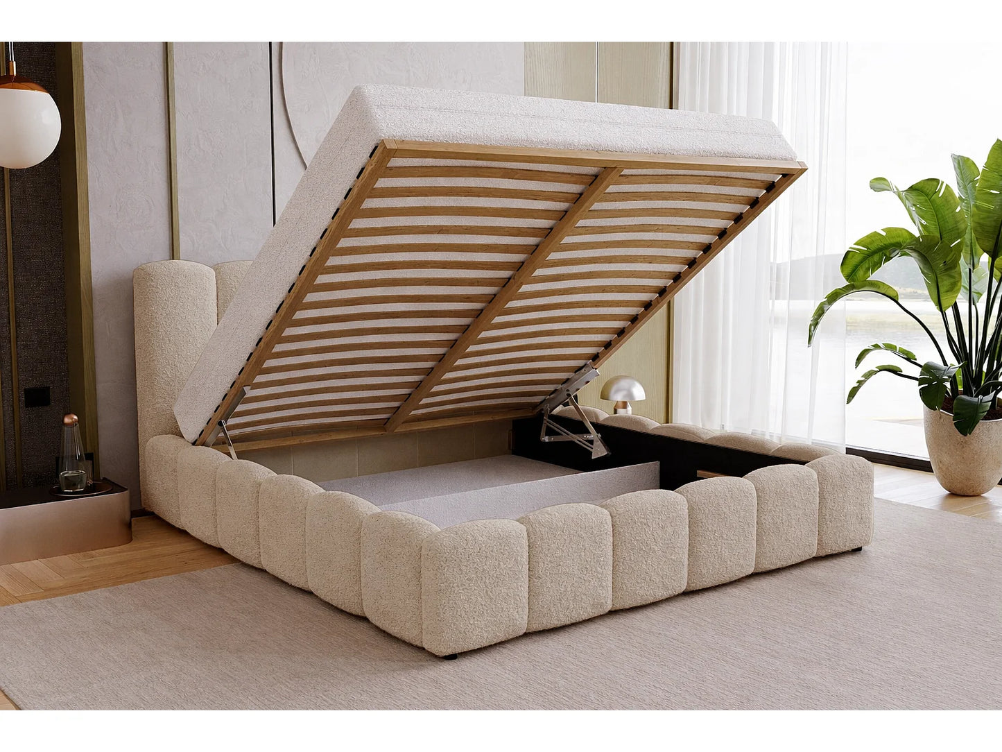 Lit Adulte Japandi Boucle Beige Rangement - Florent