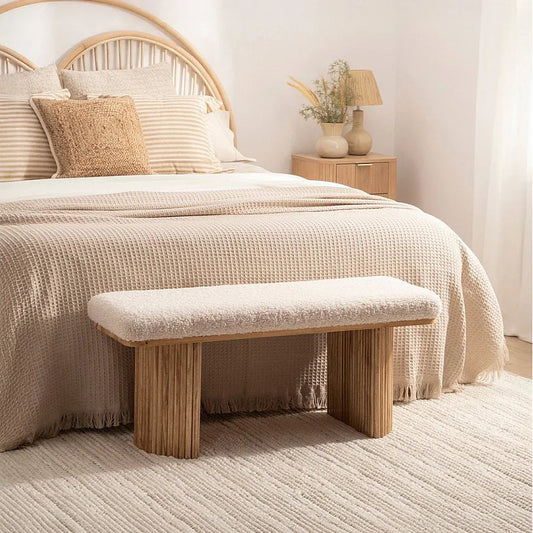 Banc Japandi Bois Massif & Bouclette Blanche – Nomi