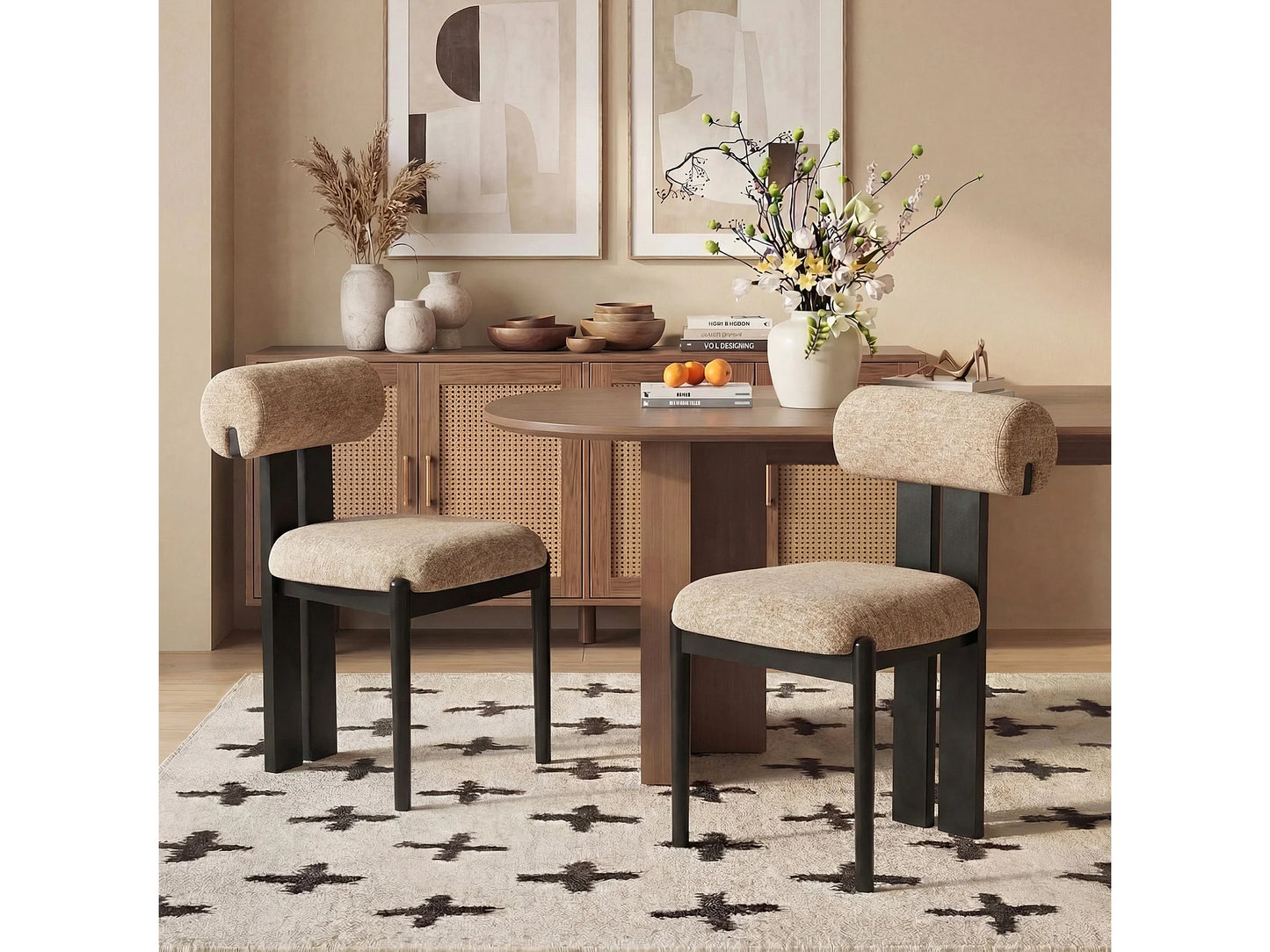 Lot 2 Chaises Japandi Bois Noir Et Camel - Cylindrique