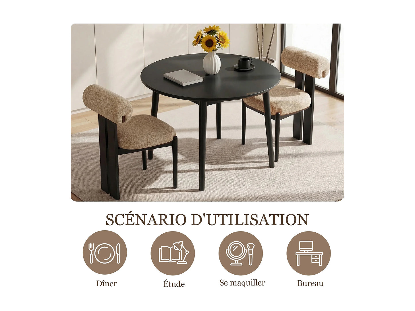 Lot 2 Chaises Japandi Bois Noir Et Camel - Cylindrique
