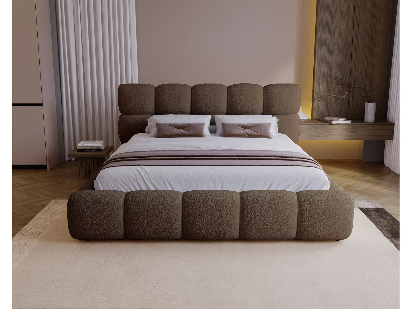 Lit Moderne Japandi Coffre Tissu Marron - Besilio