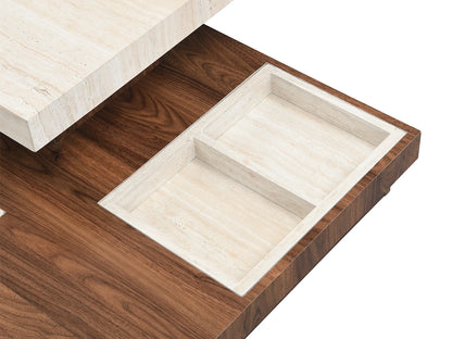 Table Basse Japandi Pivotante Carrée Bois et Travertin - Fausto