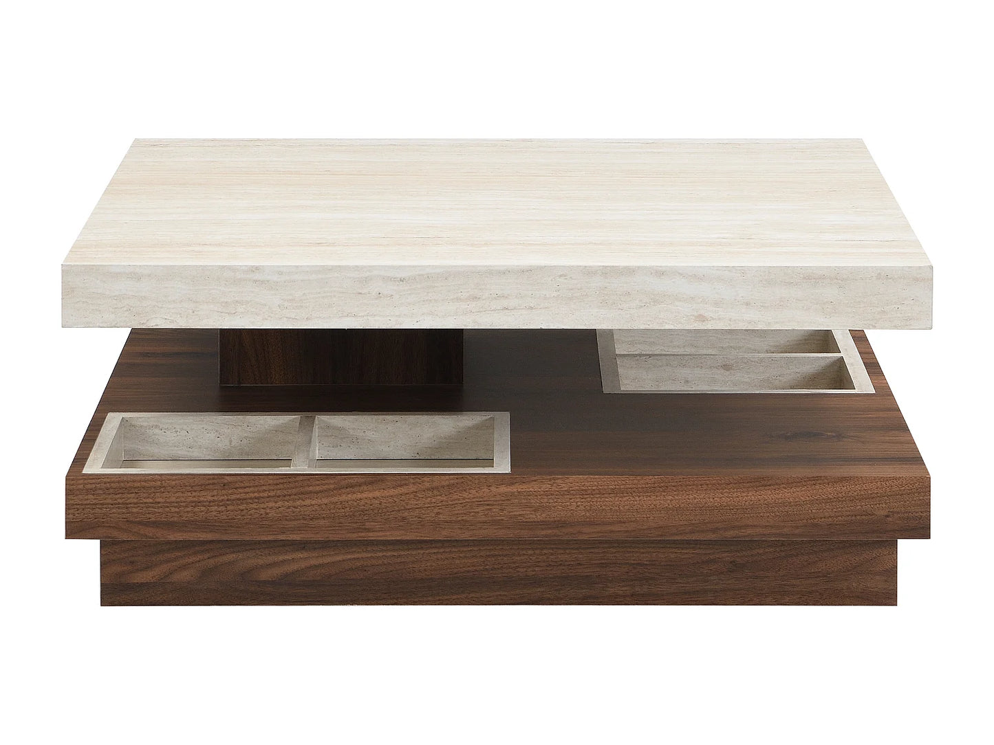 Table Basse Japandi Pivotante Carrée Bois et Travertin - Fausto