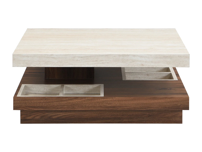 Table Basse Japandi Pivotante Carrée Bois et Travertin - Fausto