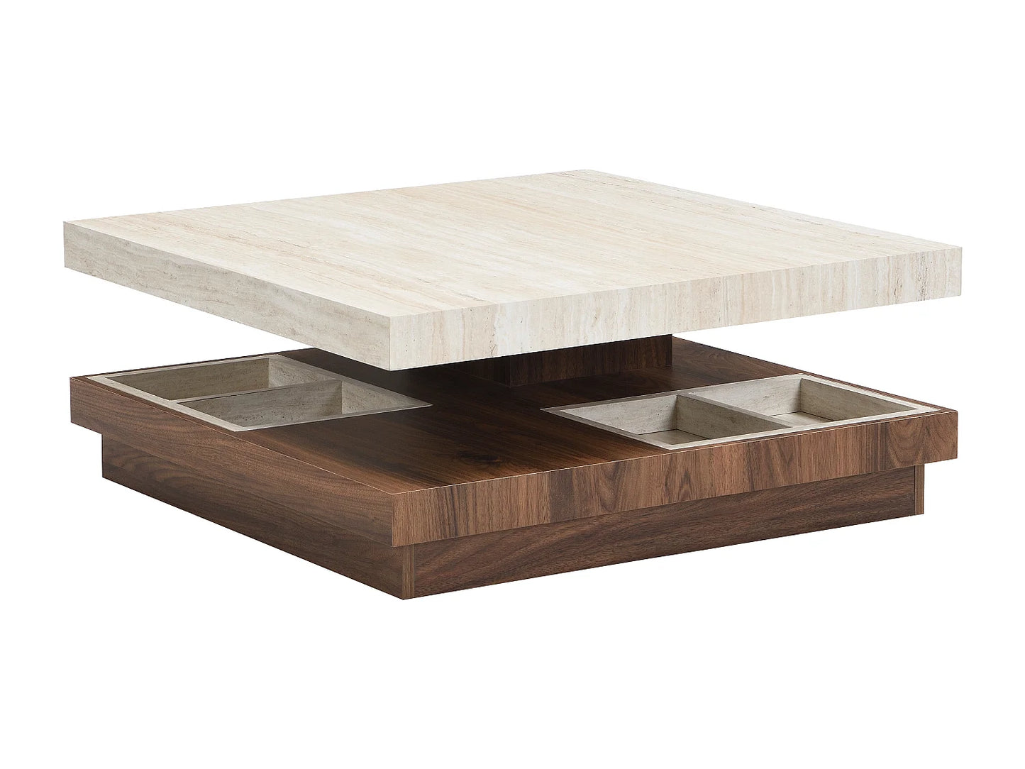 Table Basse Japandi Pivotante Carrée Bois et Travertin - Fausto