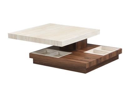 Table Basse Japandi Pivotante Carrée Bois et Travertin - Fausto