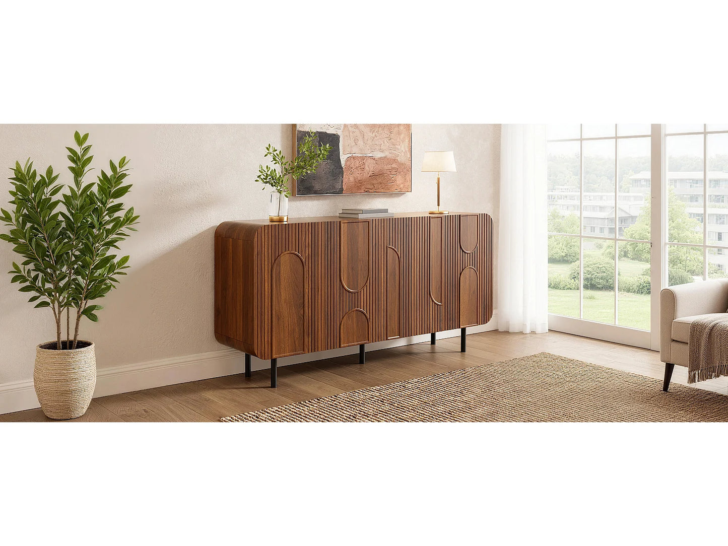 Buffet Vintage Japandi Finition Noyer - Marron