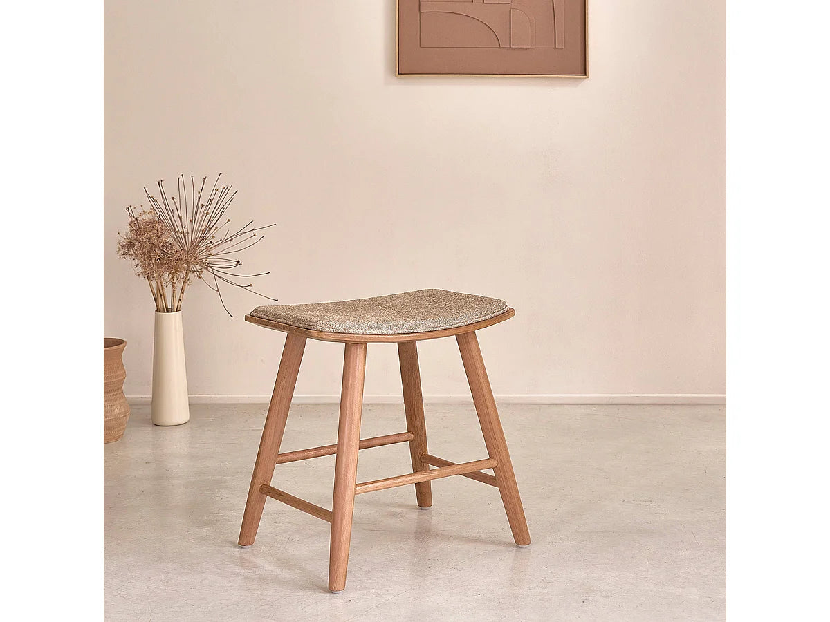 Tabouret Japandi Teck Massif Velours Grège - Teck