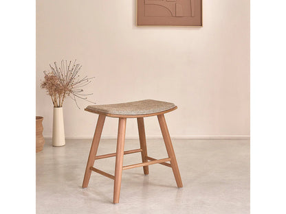 Tabouret Japandi Teck Massif Velours Grège - Teck