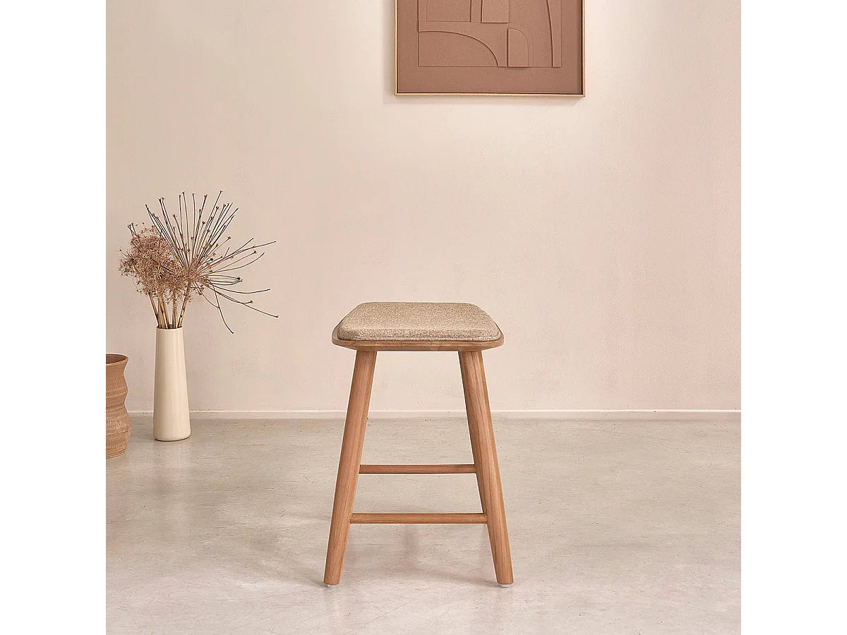 Tabouret Japandi Teck Massif Velours Grège - Teck