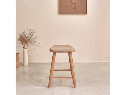 Tabouret Japandi Teck Massif Velours Grège - Teck