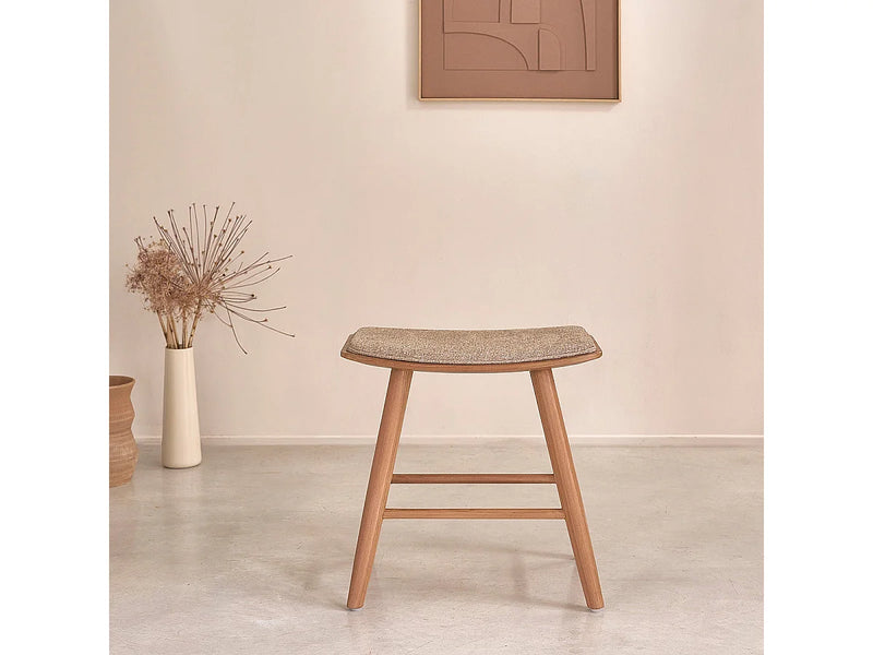 Tabouret Japandi Teck Massif Velours Grège - Teck