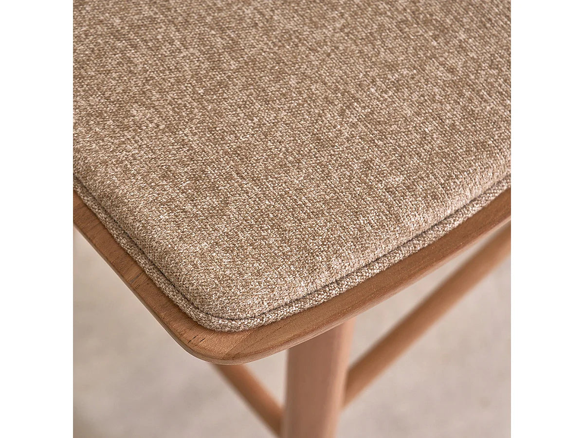 Tabouret Japandi Teck Massif Velours Grège - Teck