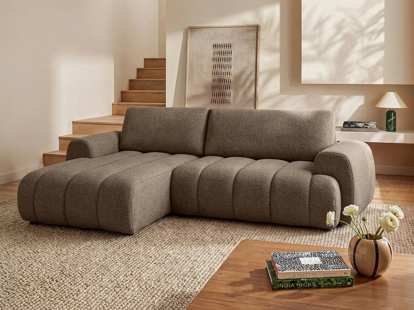 Canapé Japandi d'Angle Convertible Taupe - Fridora