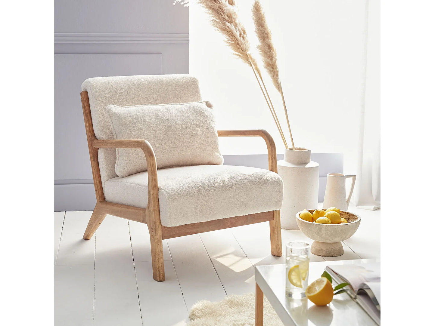 Fauteuil Japandi Bouclette Pieds Compas - Scandinave