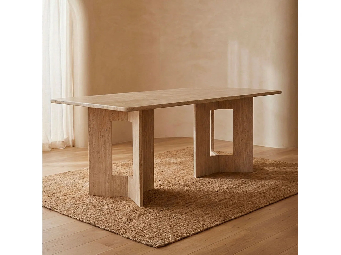 Table Rectangulaire Japandi Effet Travertin Beige - Roselia