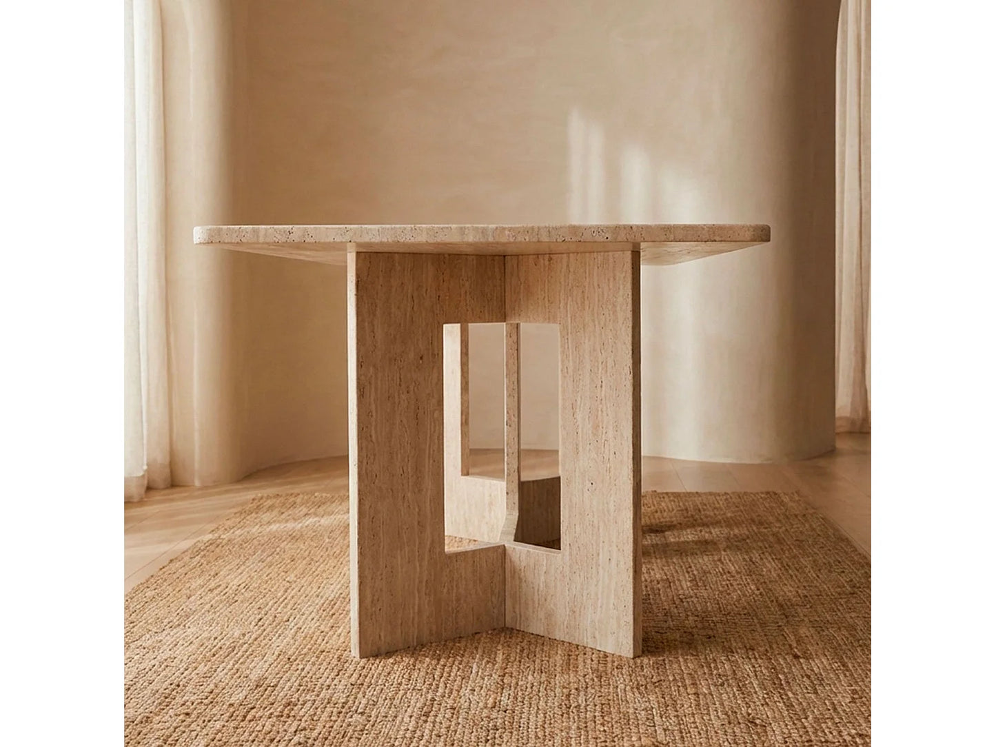 Table Rectangulaire Japandi Effet Travertin Beige - Roselia