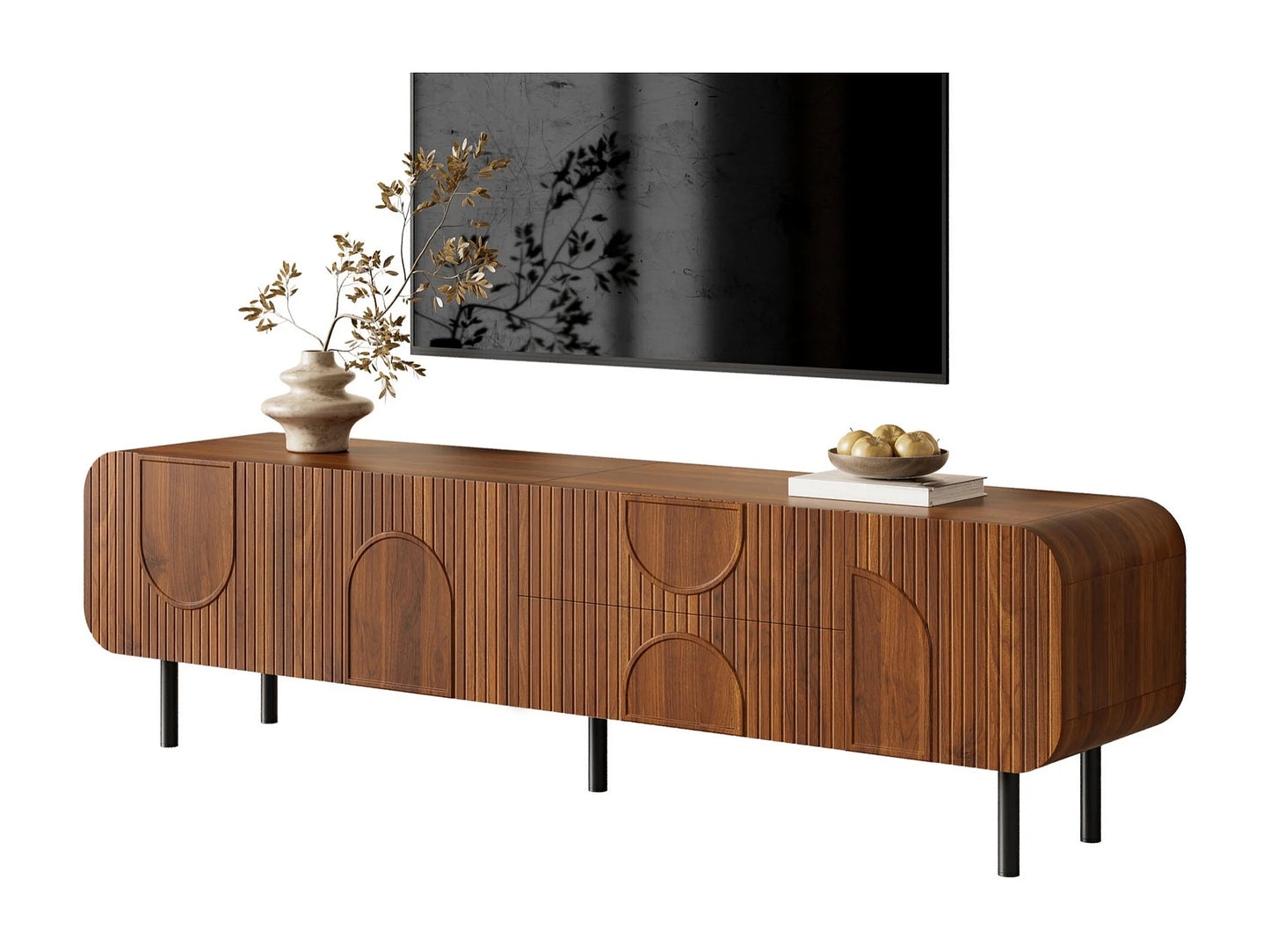 Meuble TV Japandi 3 Portes Et 2 Tiroirs Noyer - 180 CM