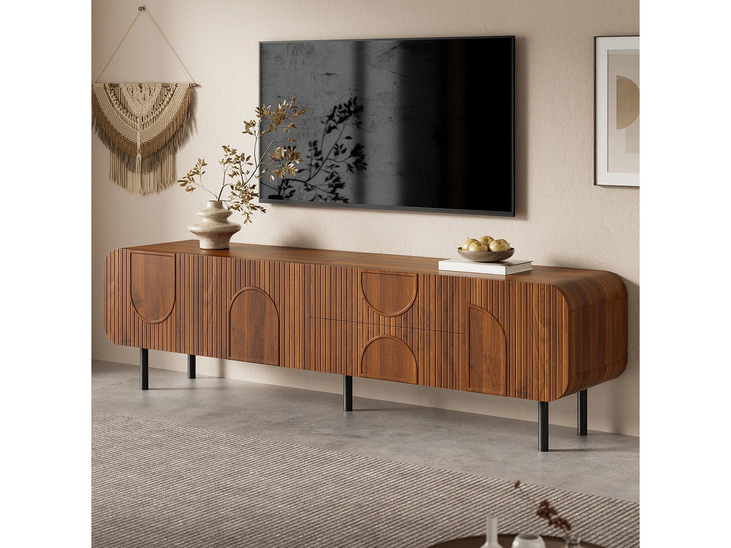 Meuble TV Japandi 3 Portes Et 2 Tiroirs Noyer - 180 CM
