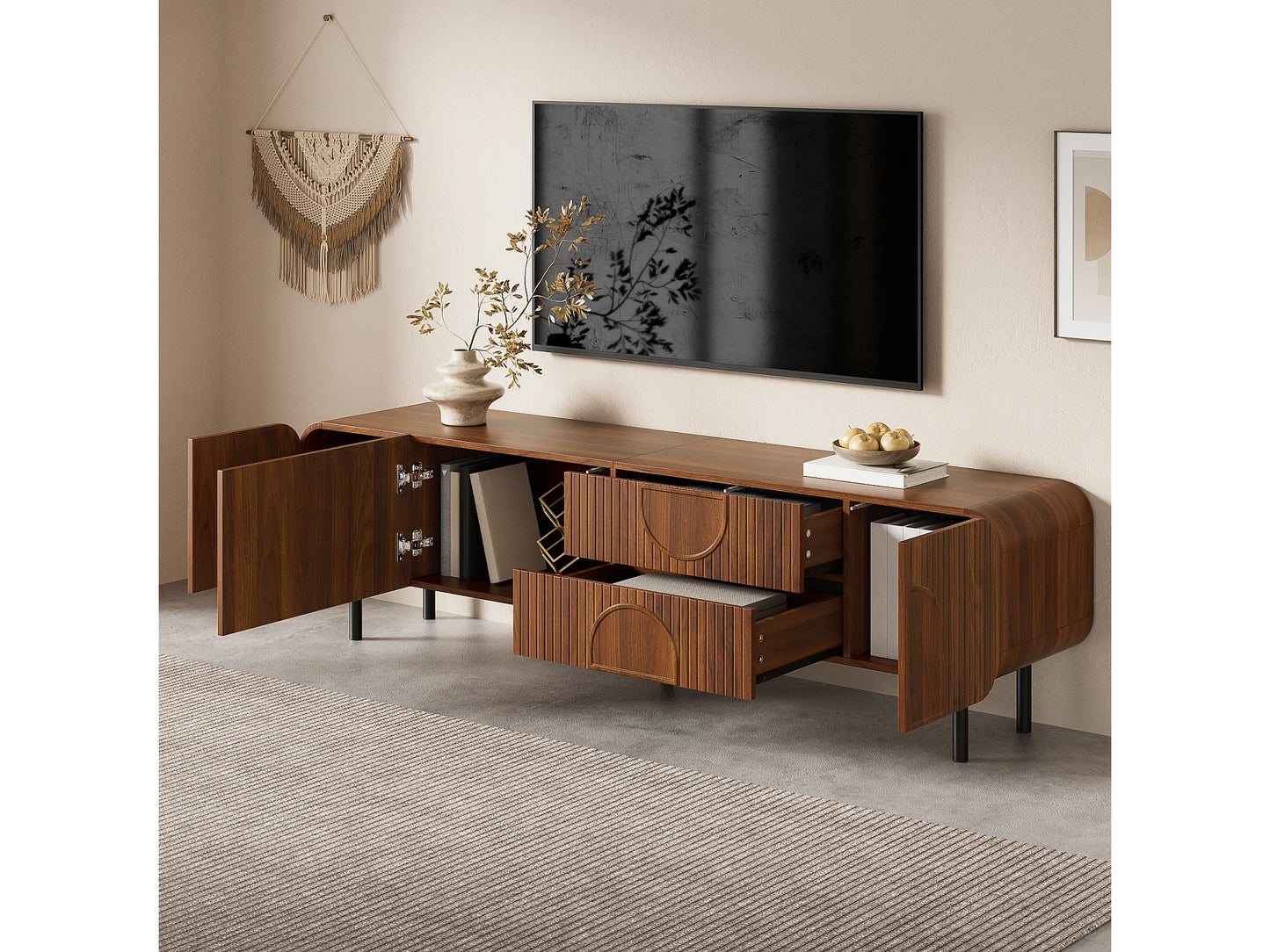 Meuble TV Japandi 3 Portes Et 2 Tiroirs Noyer - 180 CM