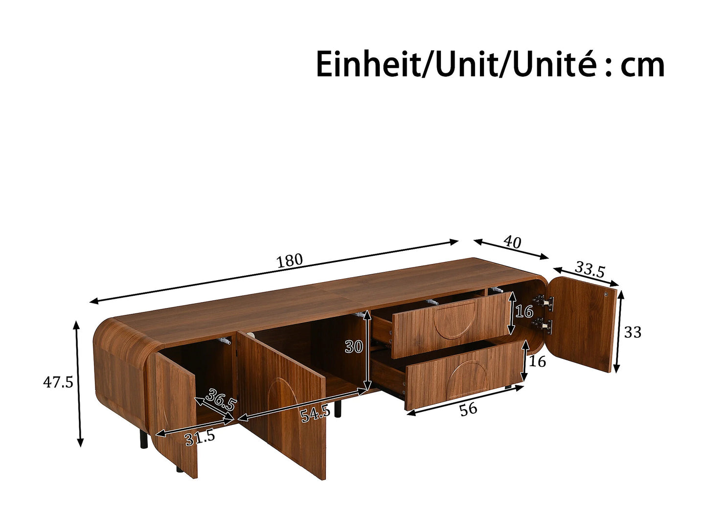 Meuble TV Japandi 3 Portes Et 2 Tiroirs Noyer - 180 CM