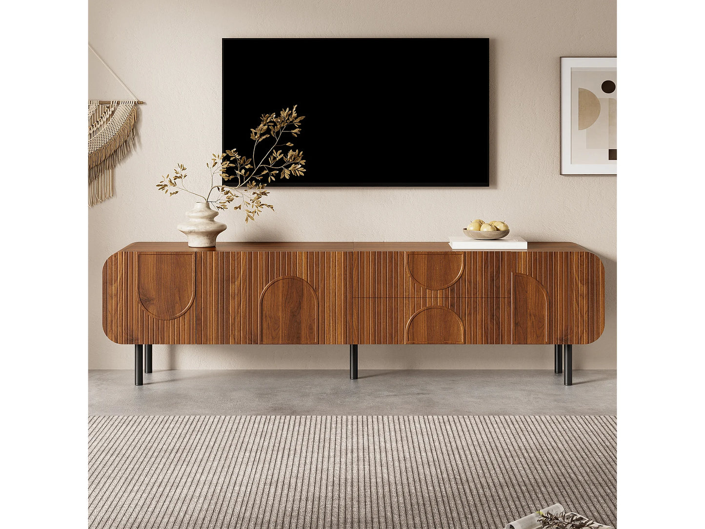 Meuble TV Japandi 3 Portes Et 2 Tiroirs Noyer - 180 CM