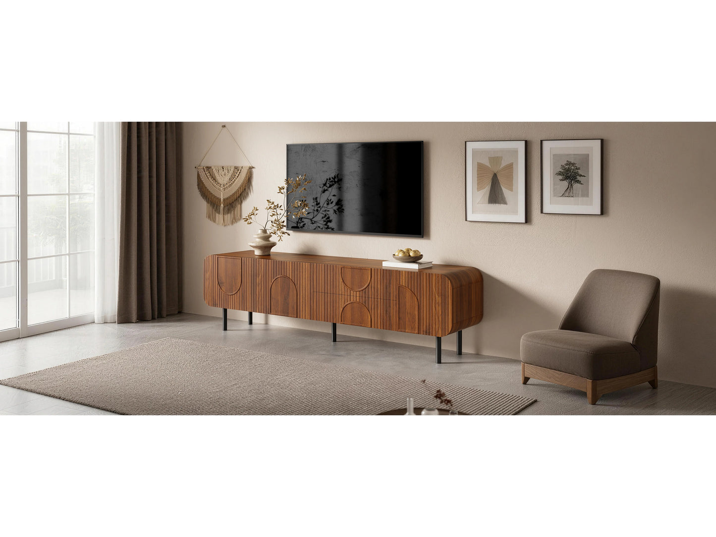 Meuble TV Japandi 3 Portes Et 2 Tiroirs Noyer - 180 CM
