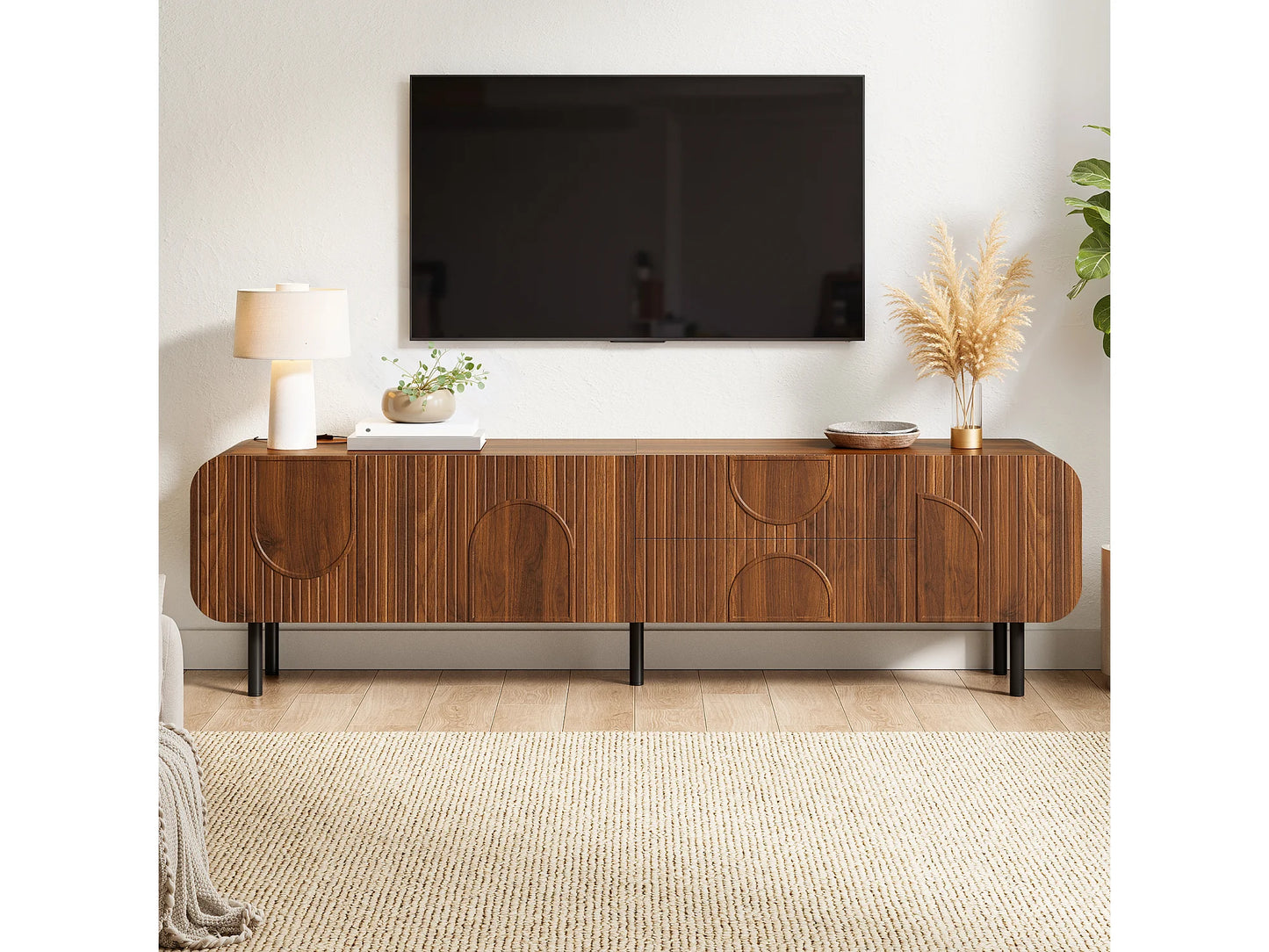 Meuble TV Japandi 3 Portes Et 2 Tiroirs Noyer - 180 CM