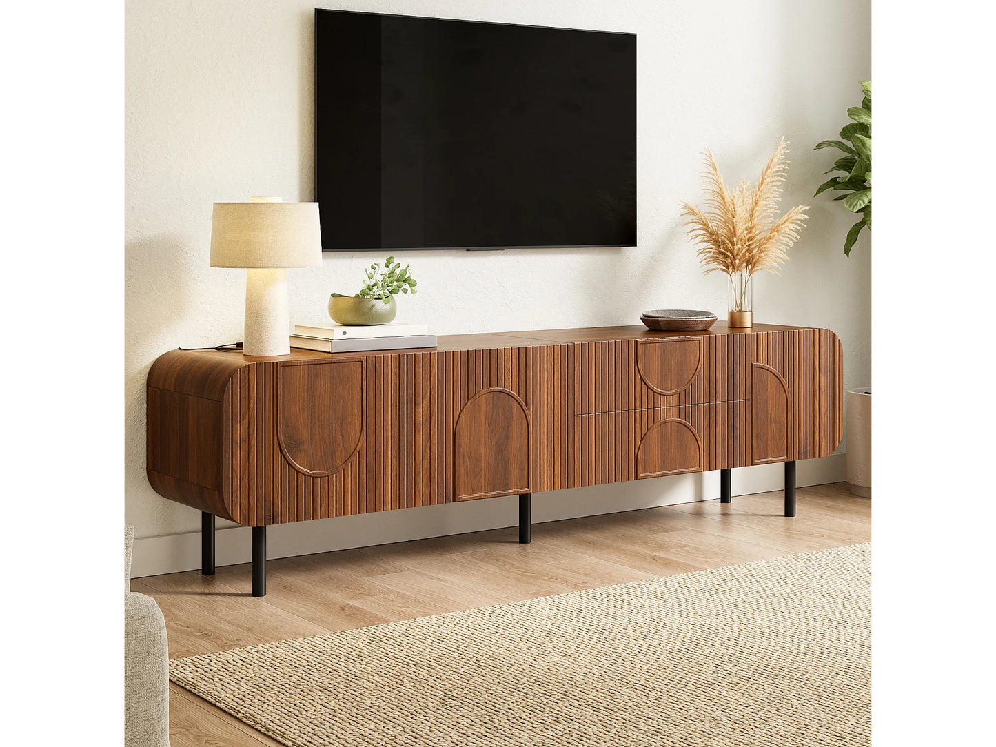 Meuble TV Japandi 3 Portes Et 2 Tiroirs Noyer - 180 CM