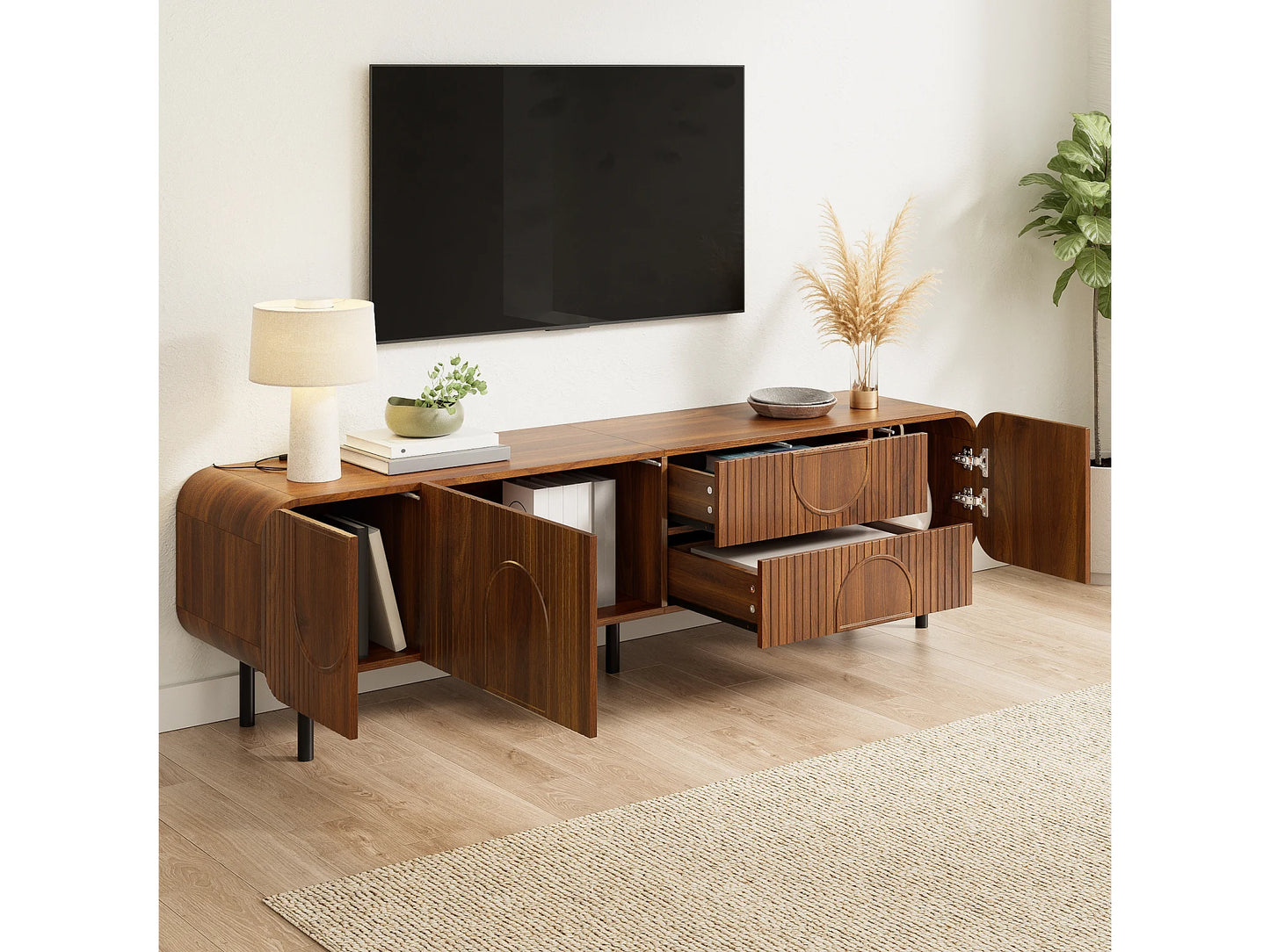 Meuble TV Japandi 3 Portes Et 2 Tiroirs Noyer - 180 CM