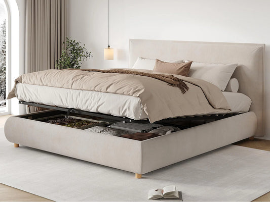 Lit Coffre Japandi Capitonnée Velours Beige - Velours