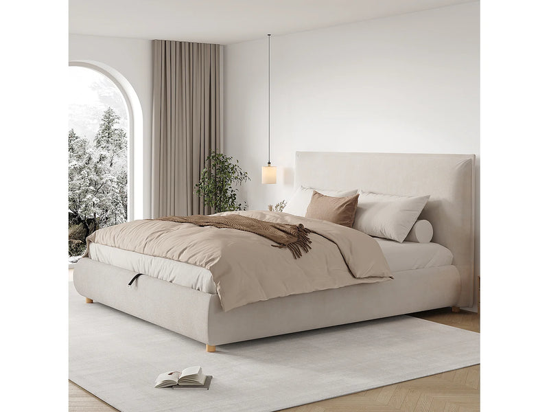 Lit Coffre Japandi Capitonnée Velours Beige - Velours