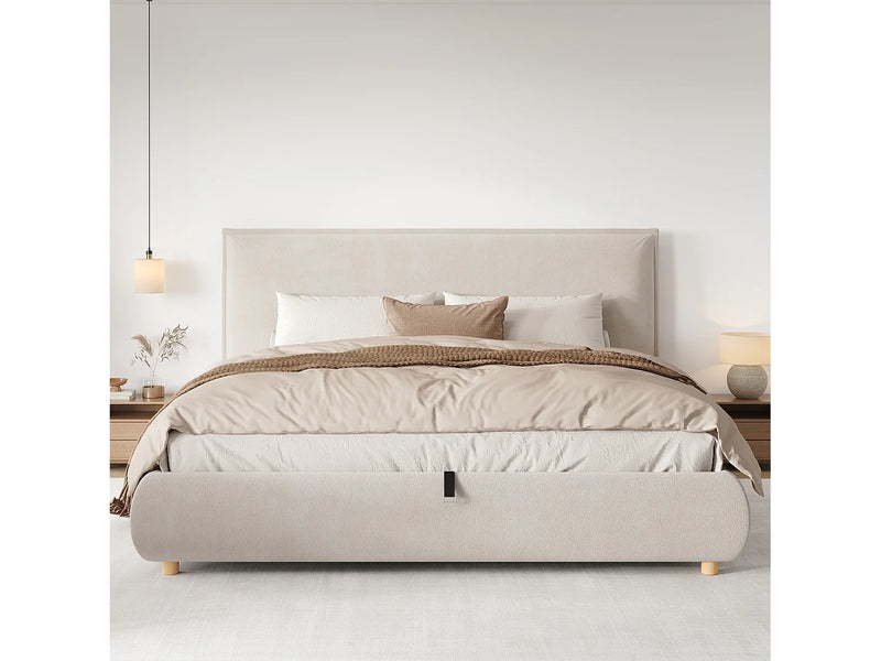 Lit Coffre Japandi Capitonnée Velours Beige - Velours