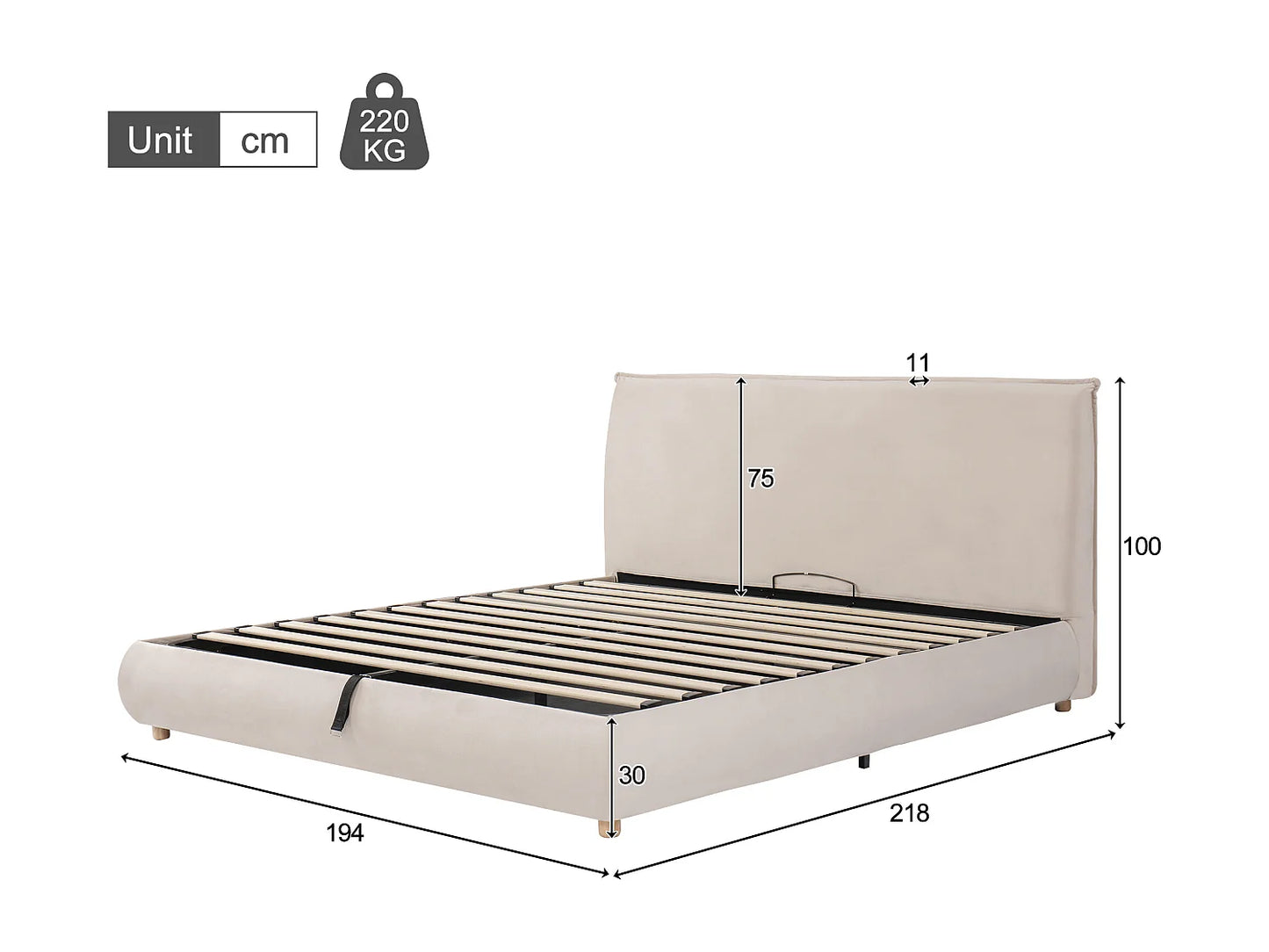 Lit Coffre Japandi Capitonnée Velours Beige - Velours