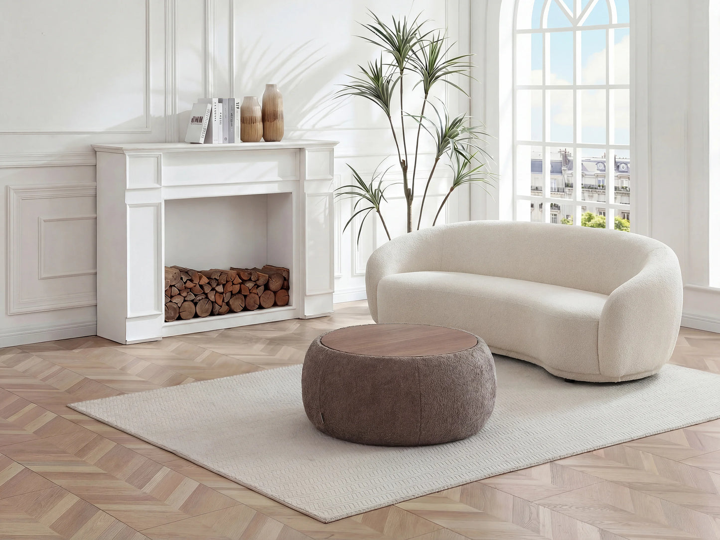 Table Basse Japandi Pouf Bouclette Marron - Sorieli