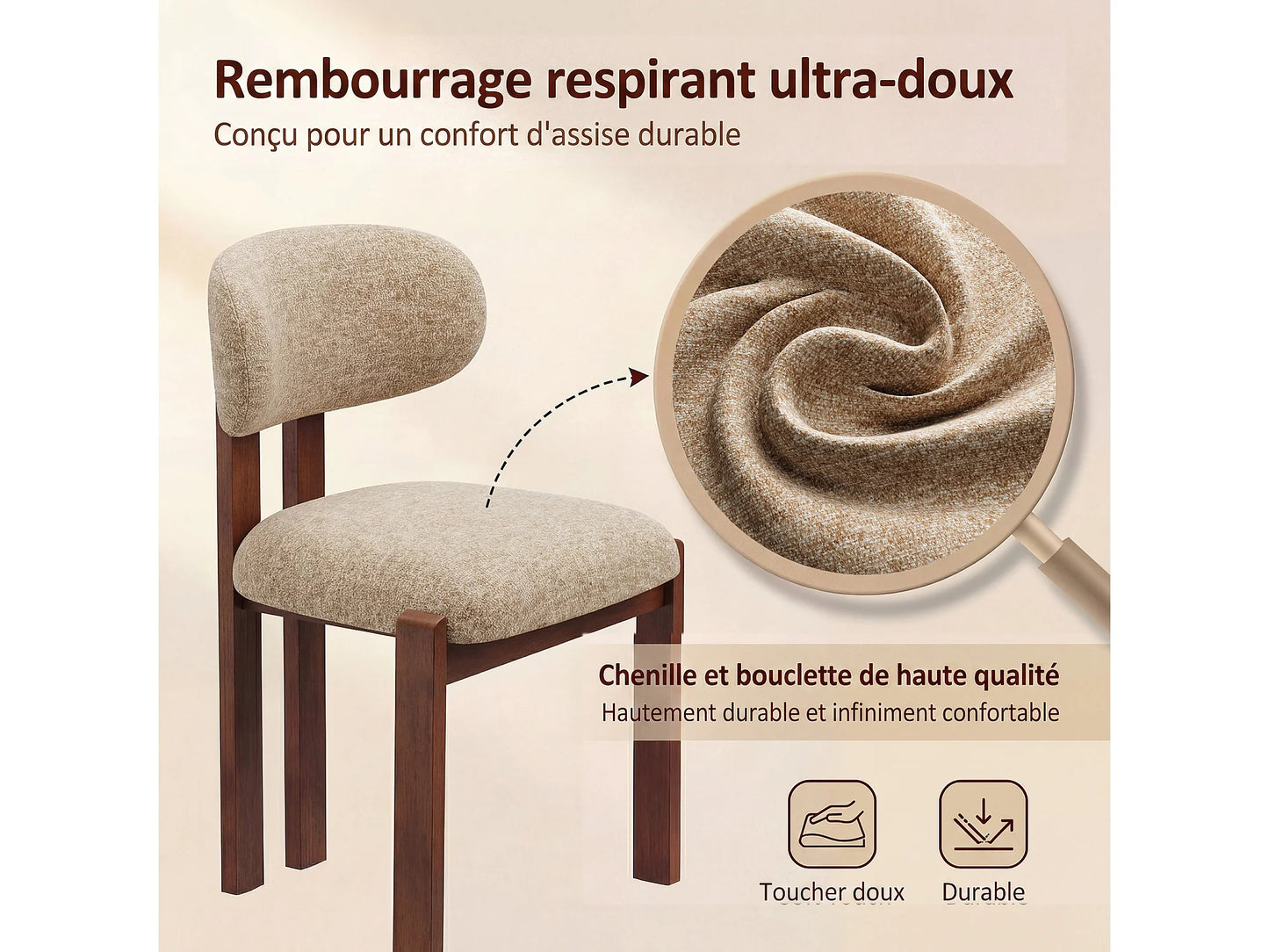 Lot 2 Chaises Japandi Chenille Camel Noyer - Smartue