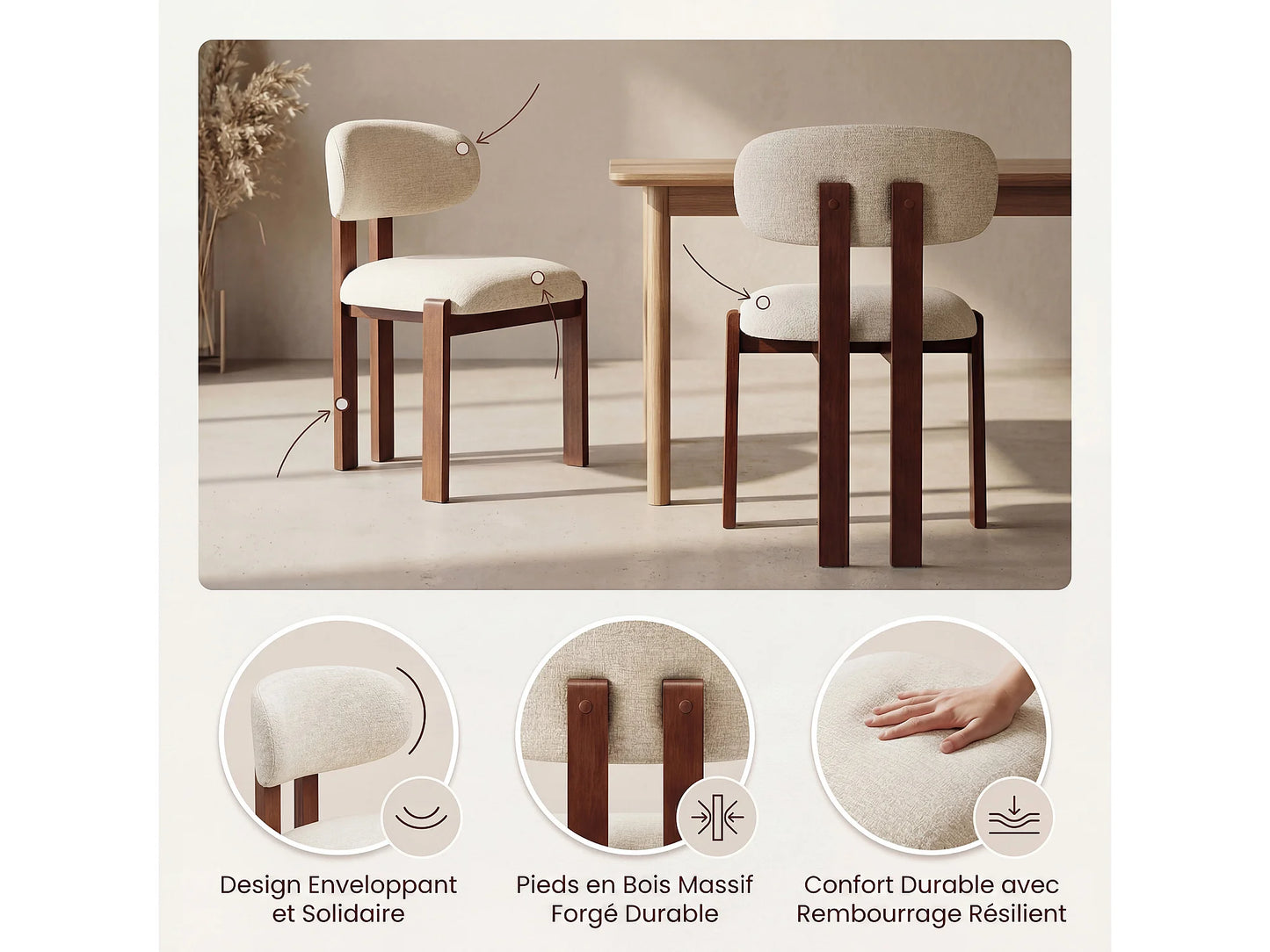 Chaise Japandi Chenille Beige Pieds Noyer - Smartue