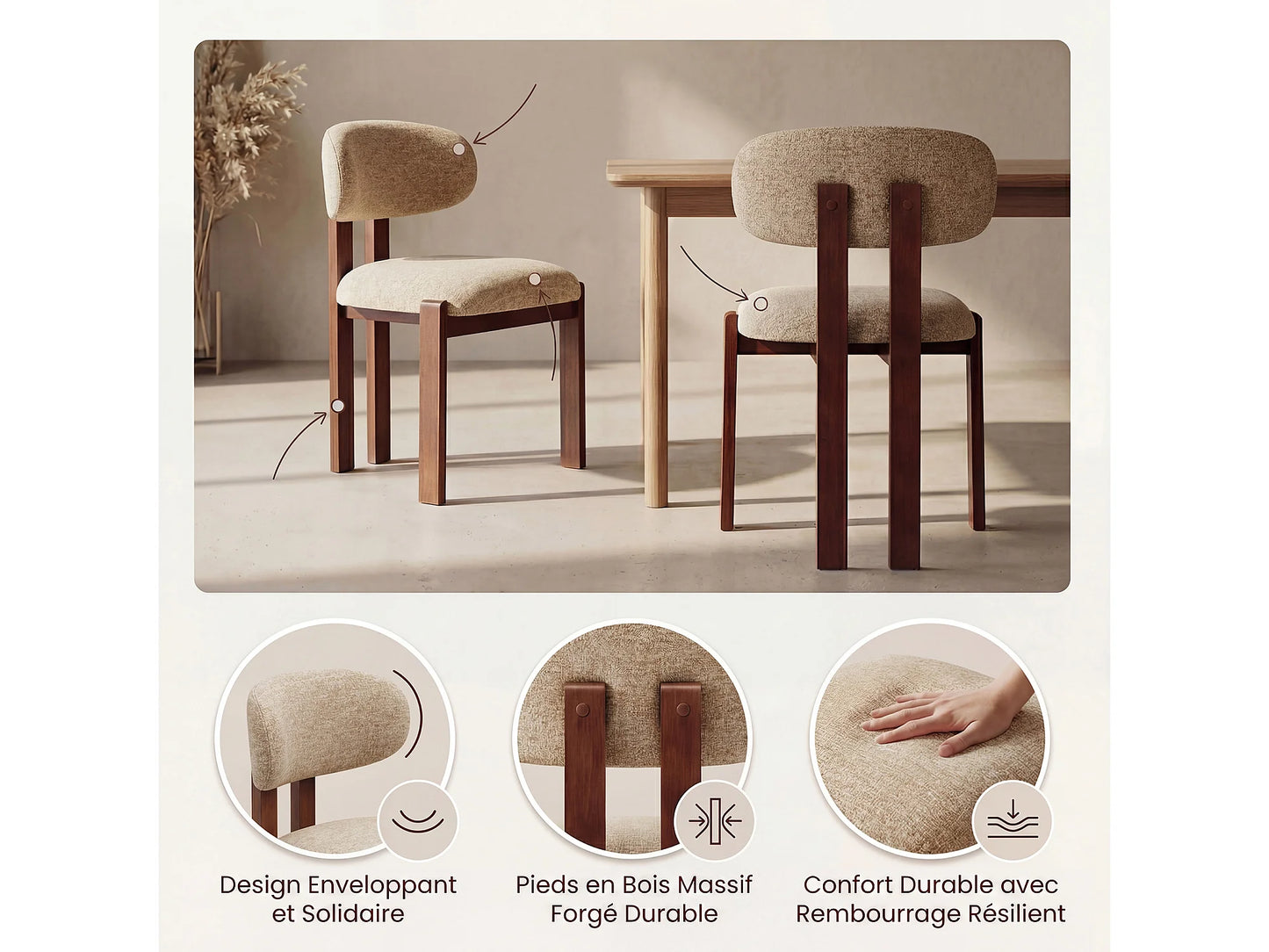 Lot 2 Chaises Japandi Chenille Camel Noyer - Smartue