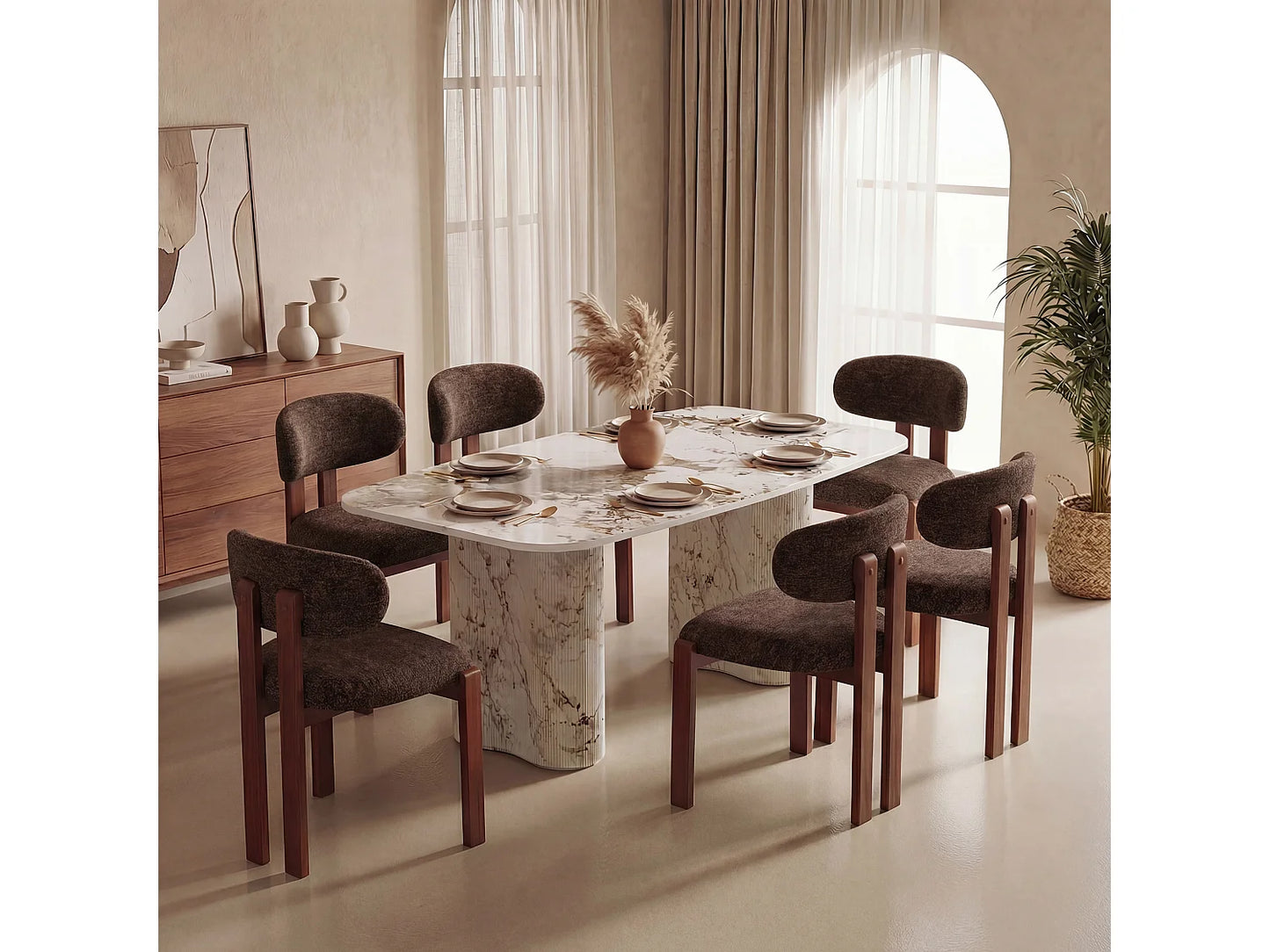 Chaise Japandi Chenille Marron Pieds Hévéa - Smartue