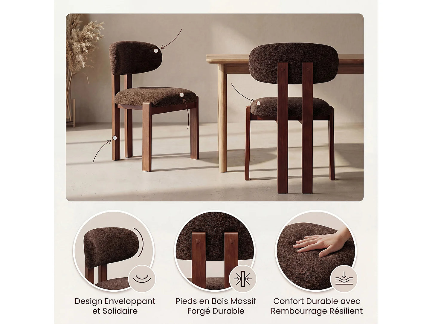 Chaise Japandi Chenille Marron Pieds Hévéa - Smartue