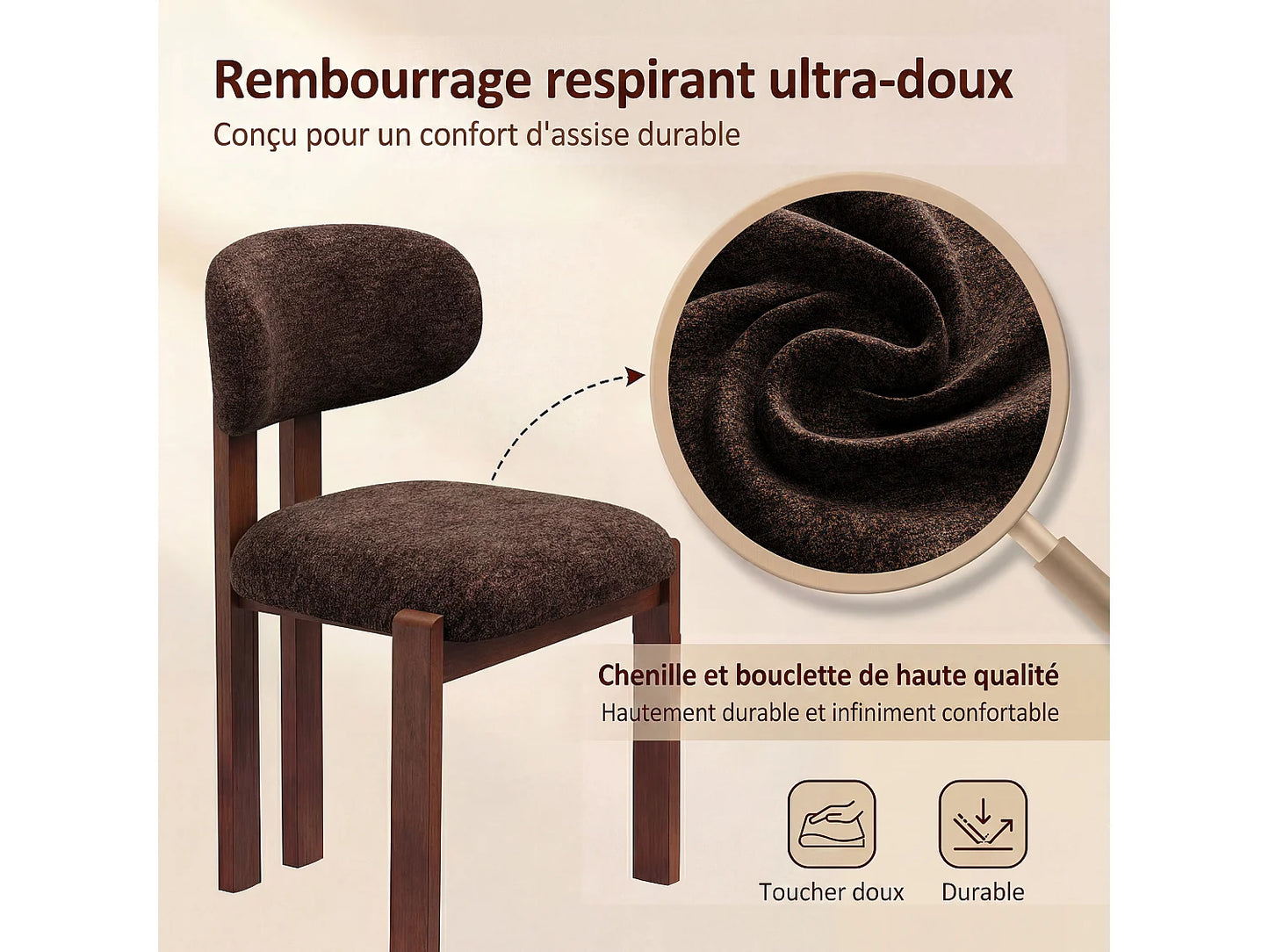 Chaise Japandi Chenille Marron Pieds Hévéa - Smartue